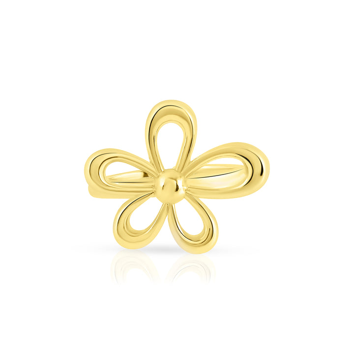 Flower-shaped brass ring with gold plating, adjustable size, weighing 20 grams.