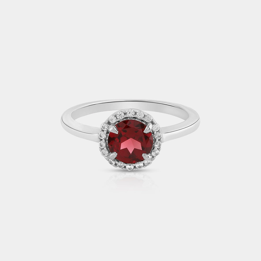 Close-up showcasing the front view of our Natural Garnet and Zircon Halo 925 Sterling Silver Ring, highlighting the 7mm round Garnet in a secure prong setting.