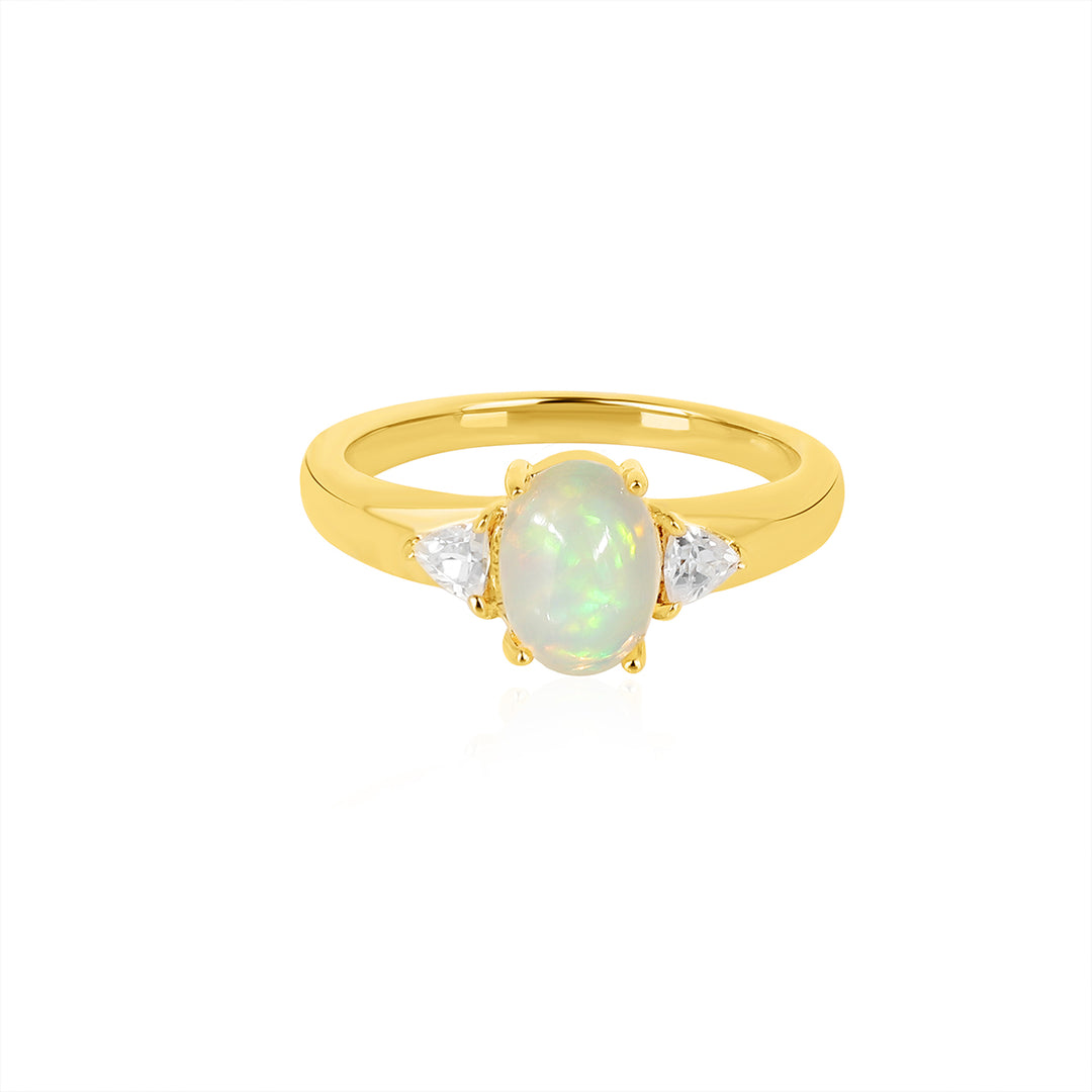 Ethiopian Opal and Zircon Three Stone Silver Ring