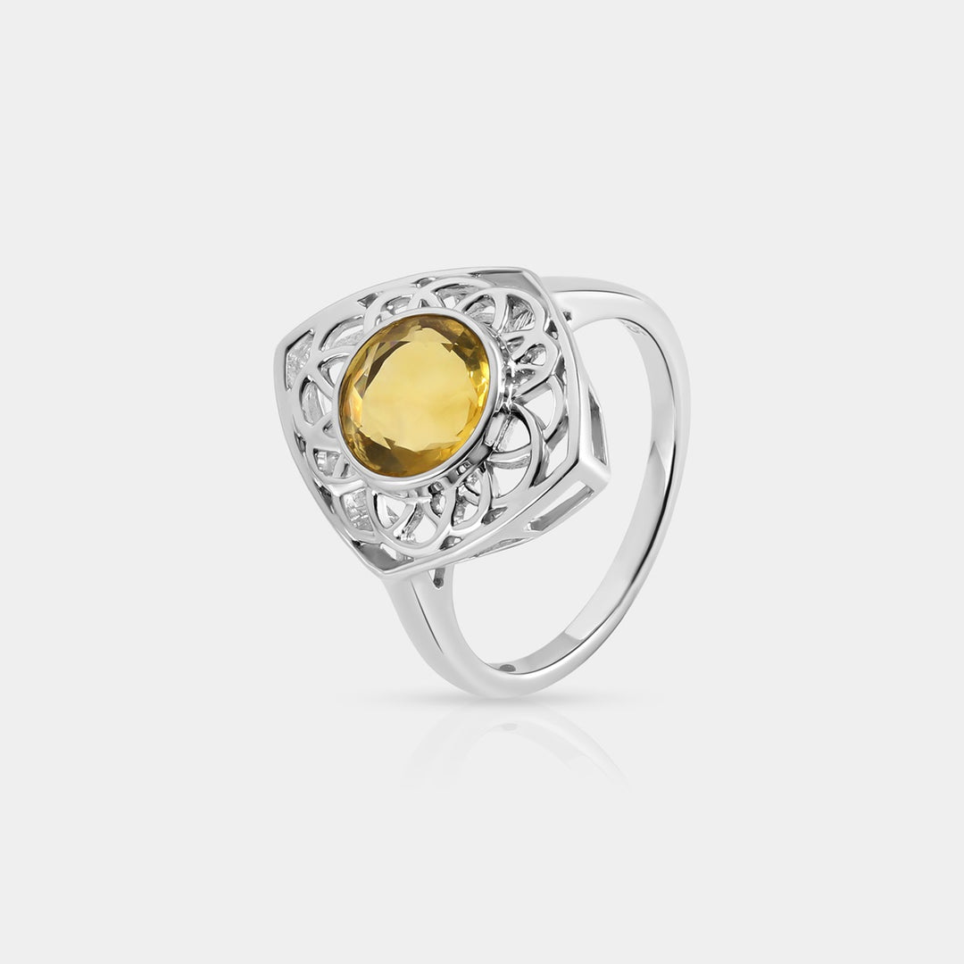 Side profile image highlighting the meticulous prong setting of the 8 mm round Yellow Fluorite gemstone, capturing its radiant elegance