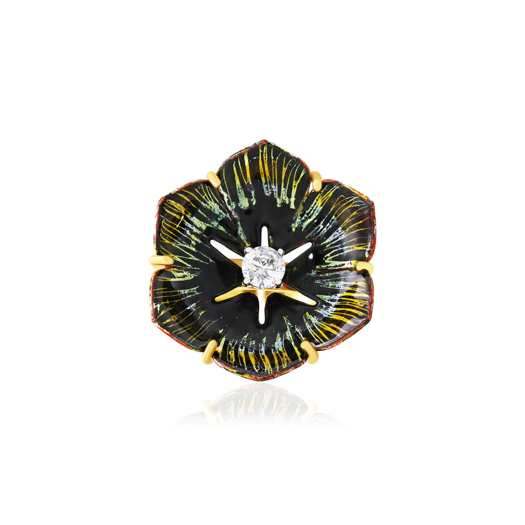 Zircon Graphic Painted Floral Silver Ring