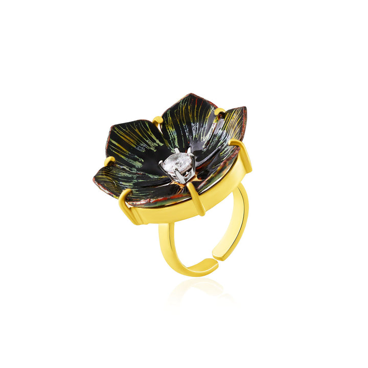 Zircon Graphic Painted Floral Silver Ring