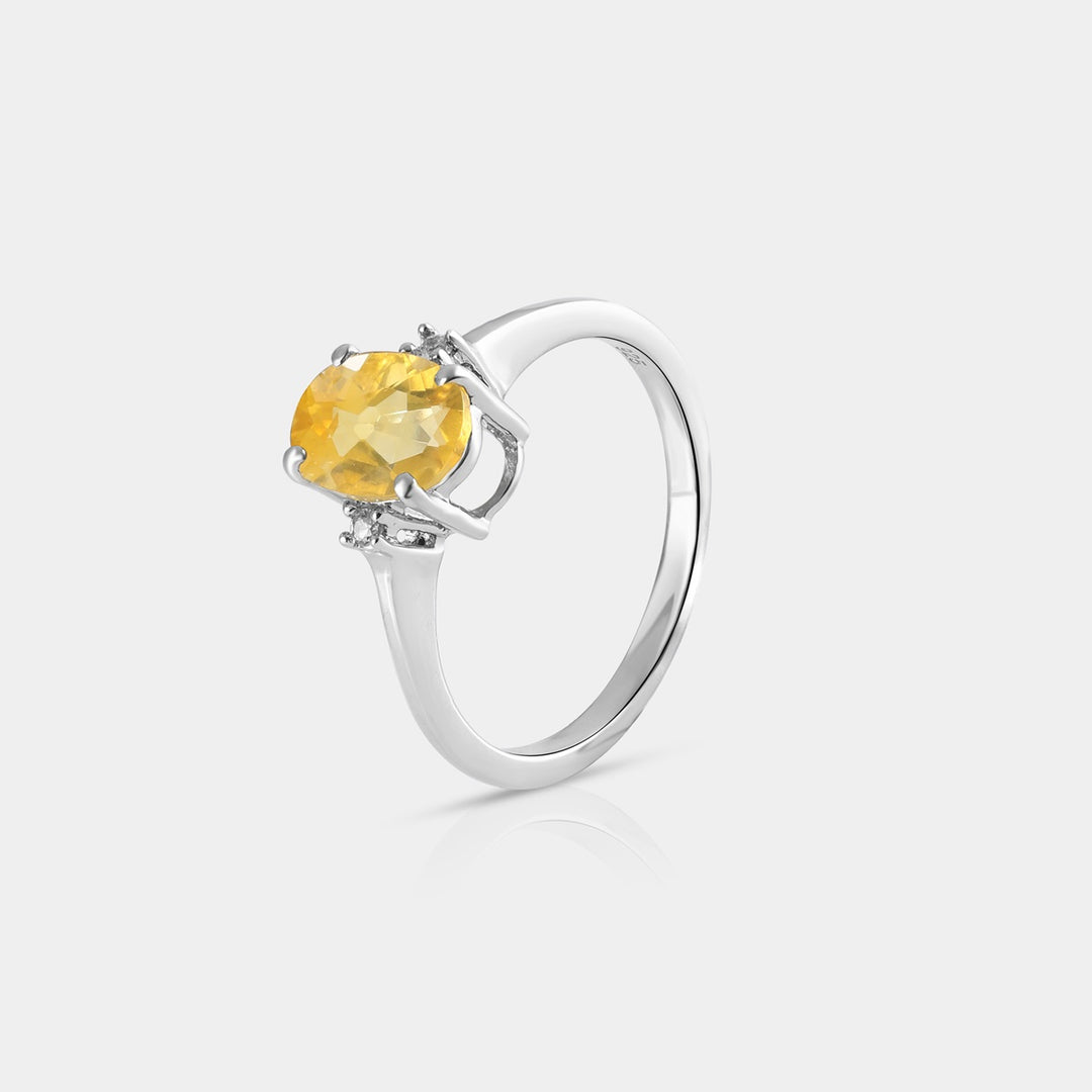 A beautifully presented Yellow Fluorite & Zircon 925 Silver Ring in a ring box, ready to be a cherished symbol of enduring beauty and sophistication.