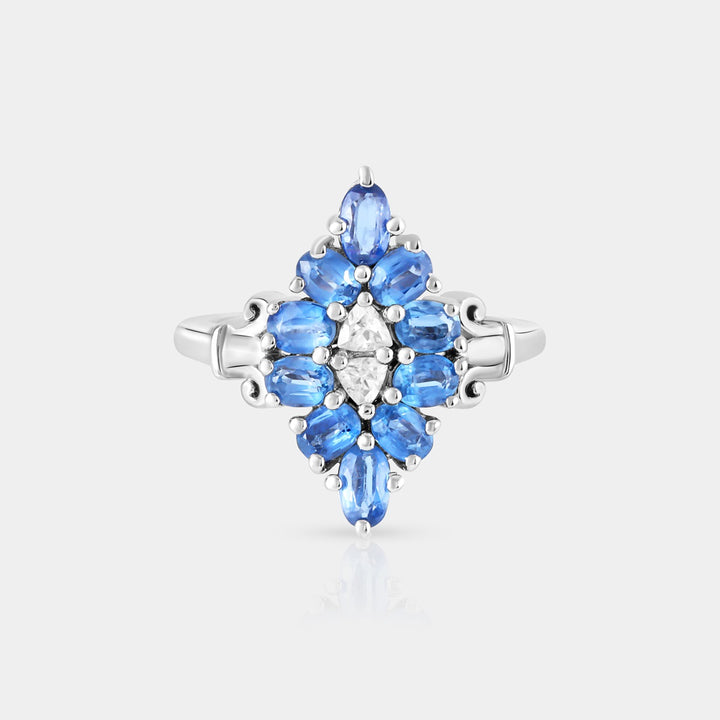 Captivating top-down view of the Natural Kyanite & White Topaz 925 Silver Ring showcasing the mesmerizing blue Kyanite and brilliant white Trillion-cut Topaz gemstones.