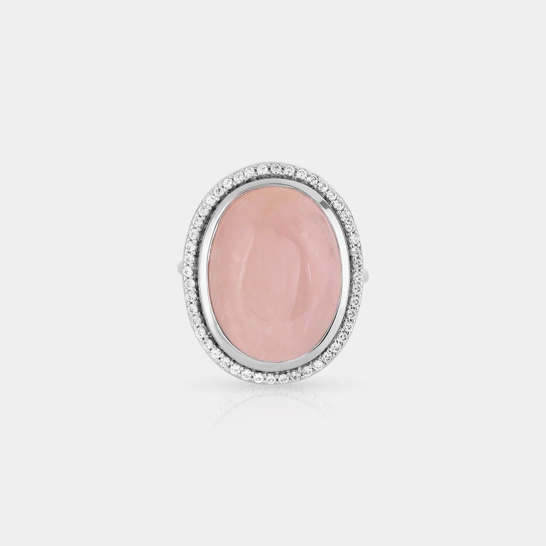 Close-up of our Natural Morganite Cabochon & Zircon Silver Ring, showcasing the vibrant 16.80ct pink Morganite in a bezel setting. Crafted in 925 Sterling Silver