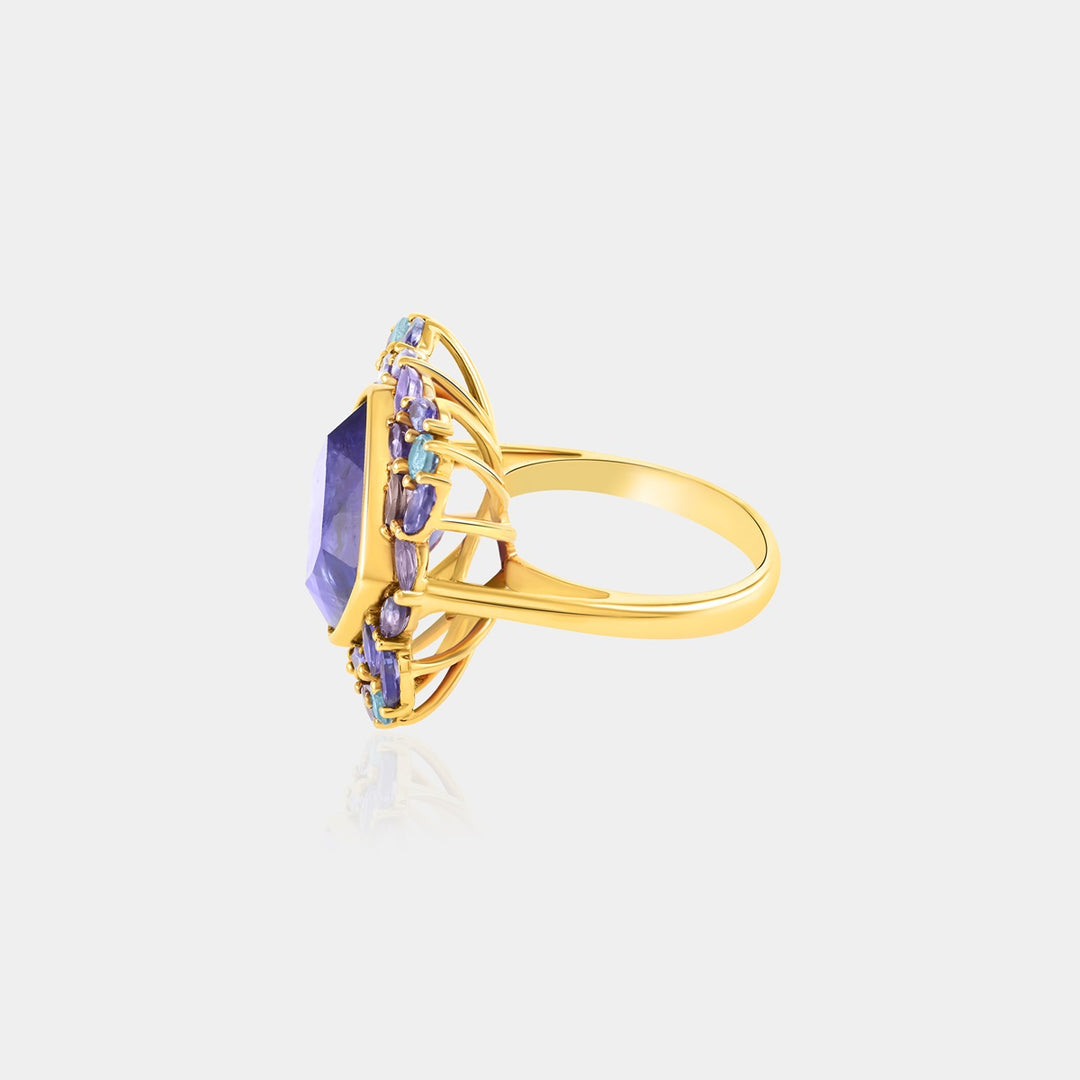 Side angle image highlighting the intricate prong settings of the Blue Kynite and Tanzanite marquise stones, enhancing the ring's overall elegance.