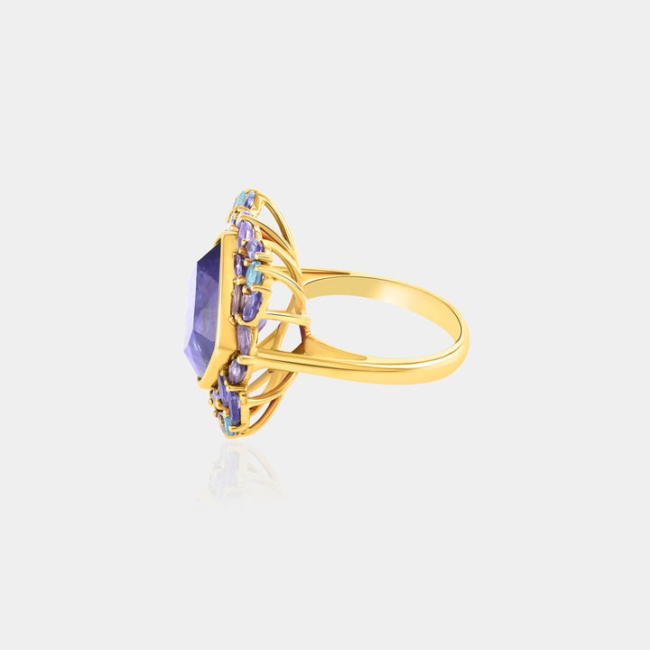 Side angle image highlighting the intricate prong settings of the Blue Kynite and Tanzanite marquise stones, enhancing the ring's overall elegance.