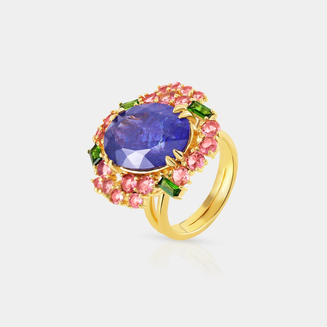 Overhead view showcasing the 12x16 mm Oval Tanzanite in prong setting, surrounded by Chrome Diopside and Pink Tourmaline accents