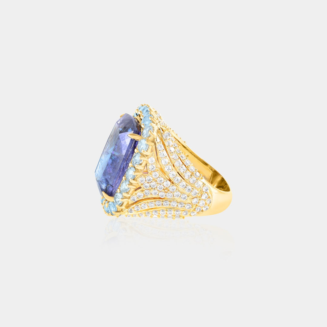 Side angle image highlighting the meticulous prong settings of the Aquamarine Santa Maria and White Zircon stones, enhancing the ring's overall brilliance