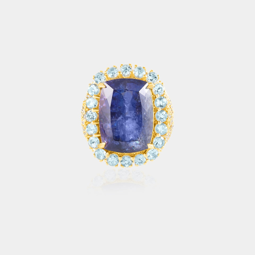 Close-up of the 17.58 Carat Cushion-cut Tanzanite, revealing its captivating blue hue and expert prong setting for maximum visual impact.