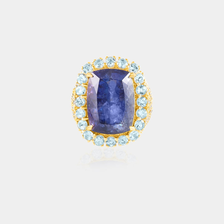 Close-up of the 17.58 Carat Cushion-cut Tanzanite, revealing its captivating blue hue and expert prong setting for maximum visual impact.