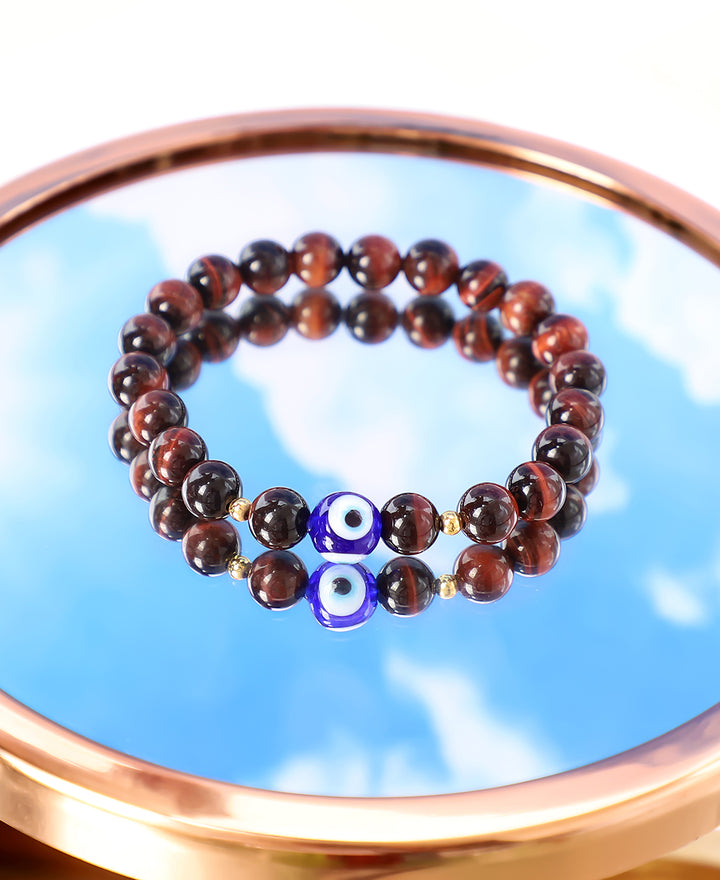 Red Tiger's Eye, Hematite and Evil Eye Stretch Bracelet