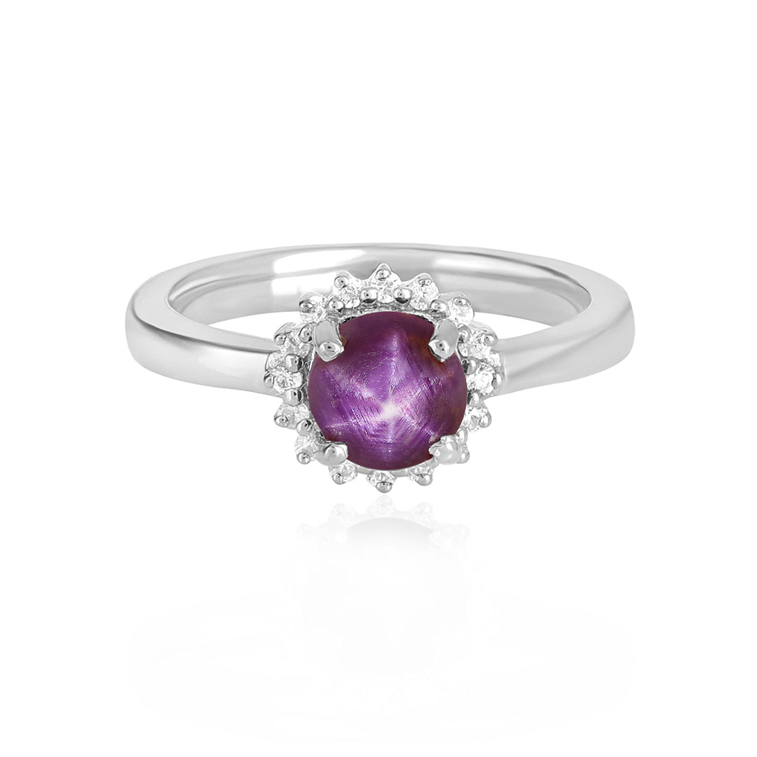 Purple Star Ruby Halo Silver Ring