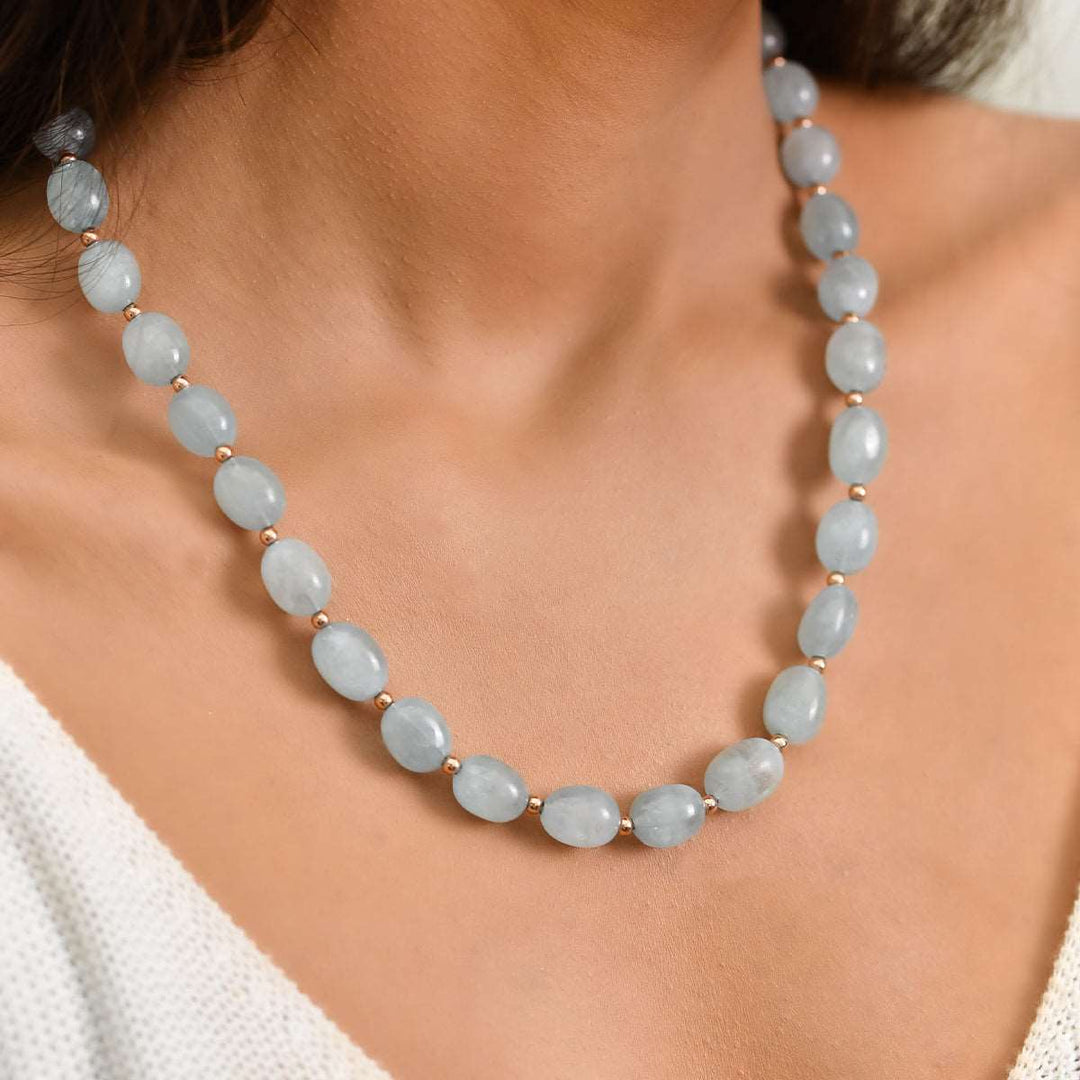 Aquamarine Oval Beads Silver Necklace