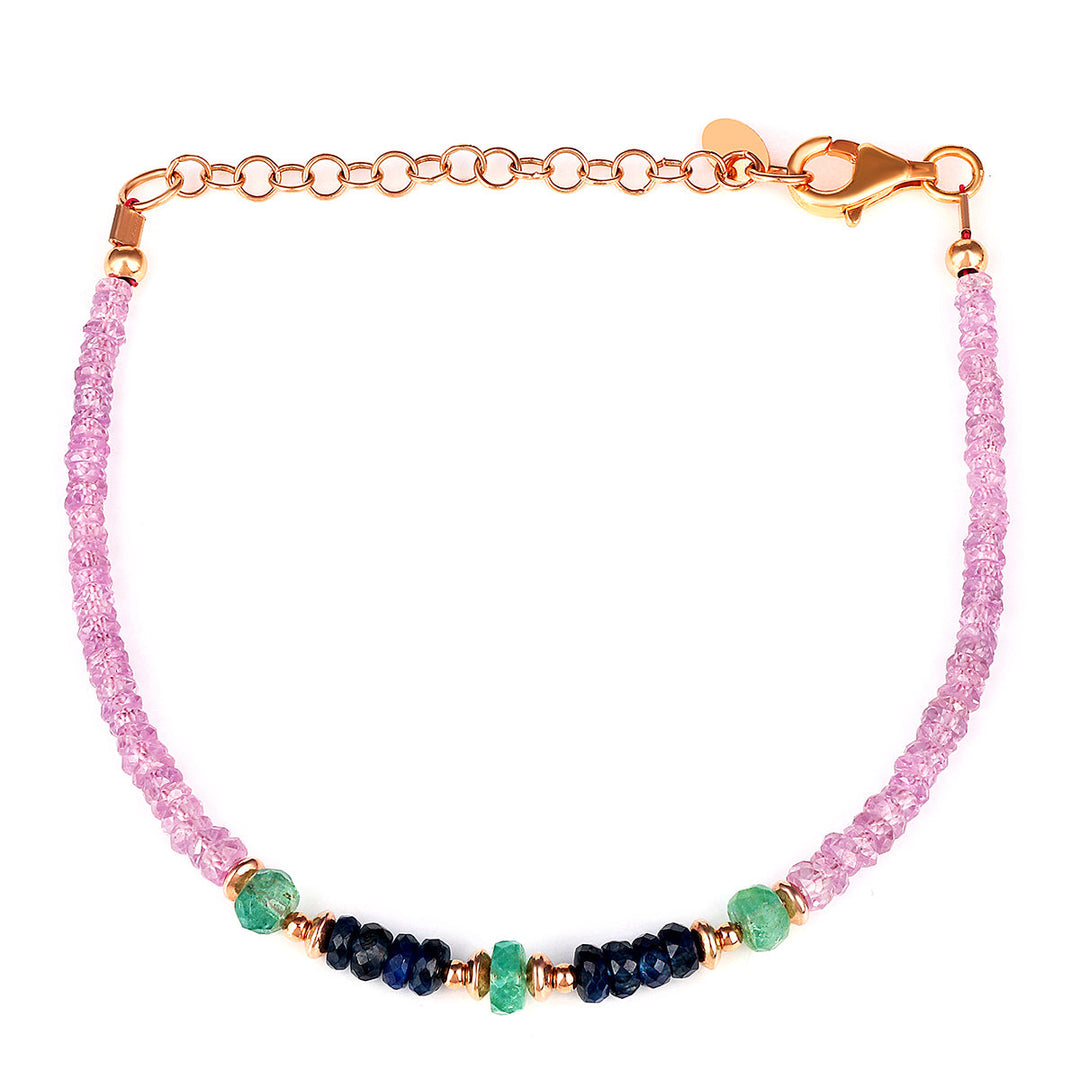 Emerald, Blue and Pink Sapphire Silver Bracelet