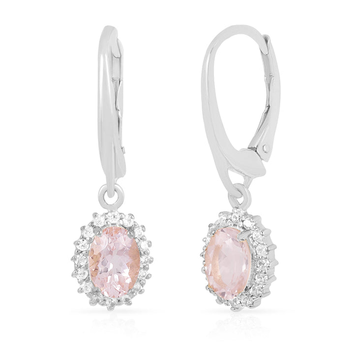 Morganite and Zircon Halo Silver Dangle Earrings