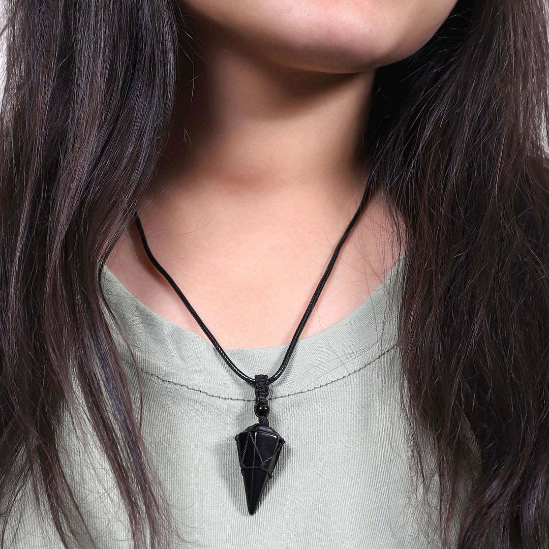 Black Onyx Pendulum Pendant Macrame Wrapped Necklace