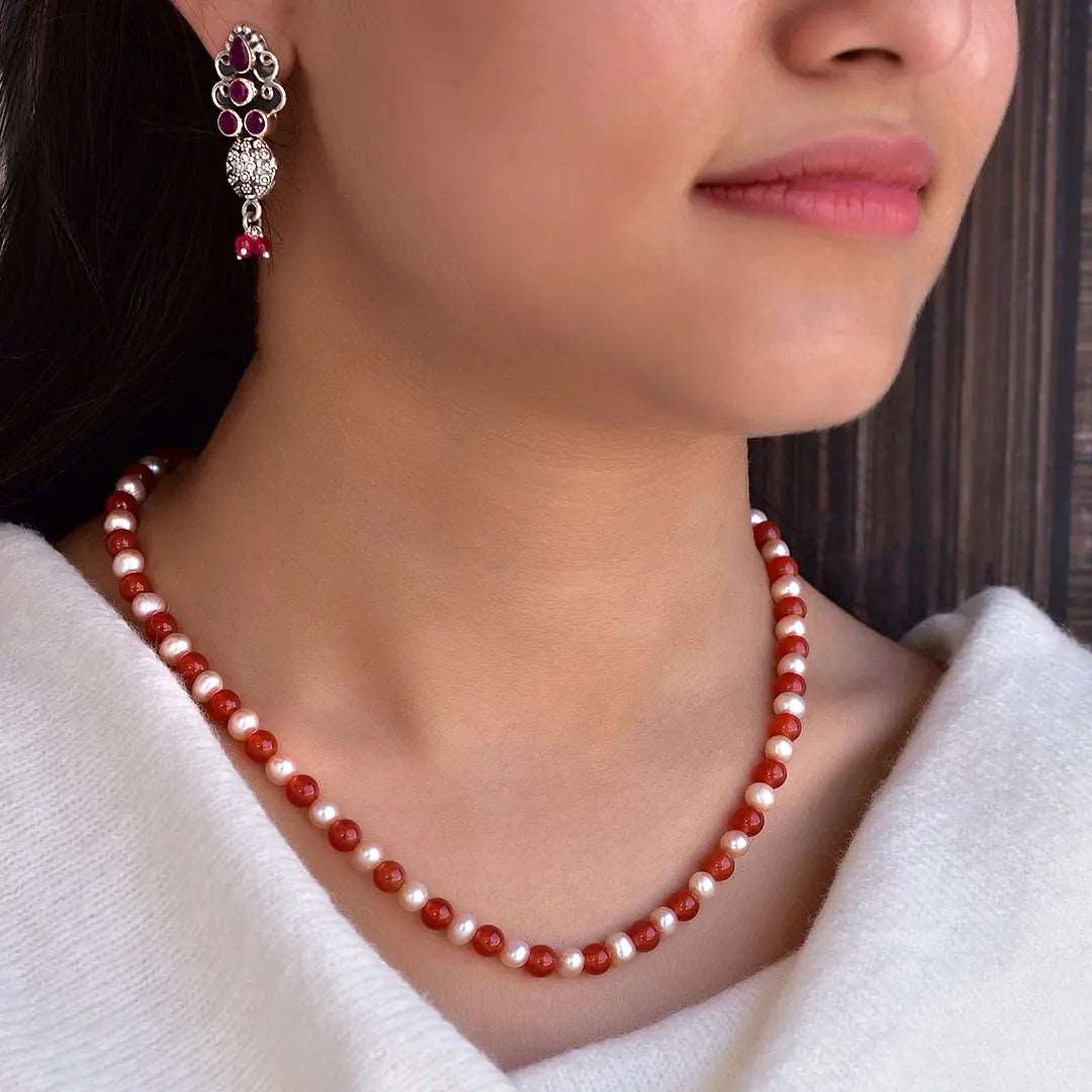 925 Sterling Silver Red Onyx and Pearl Necklace