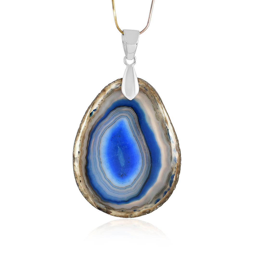 Blue Agate Slice Silver Pendant