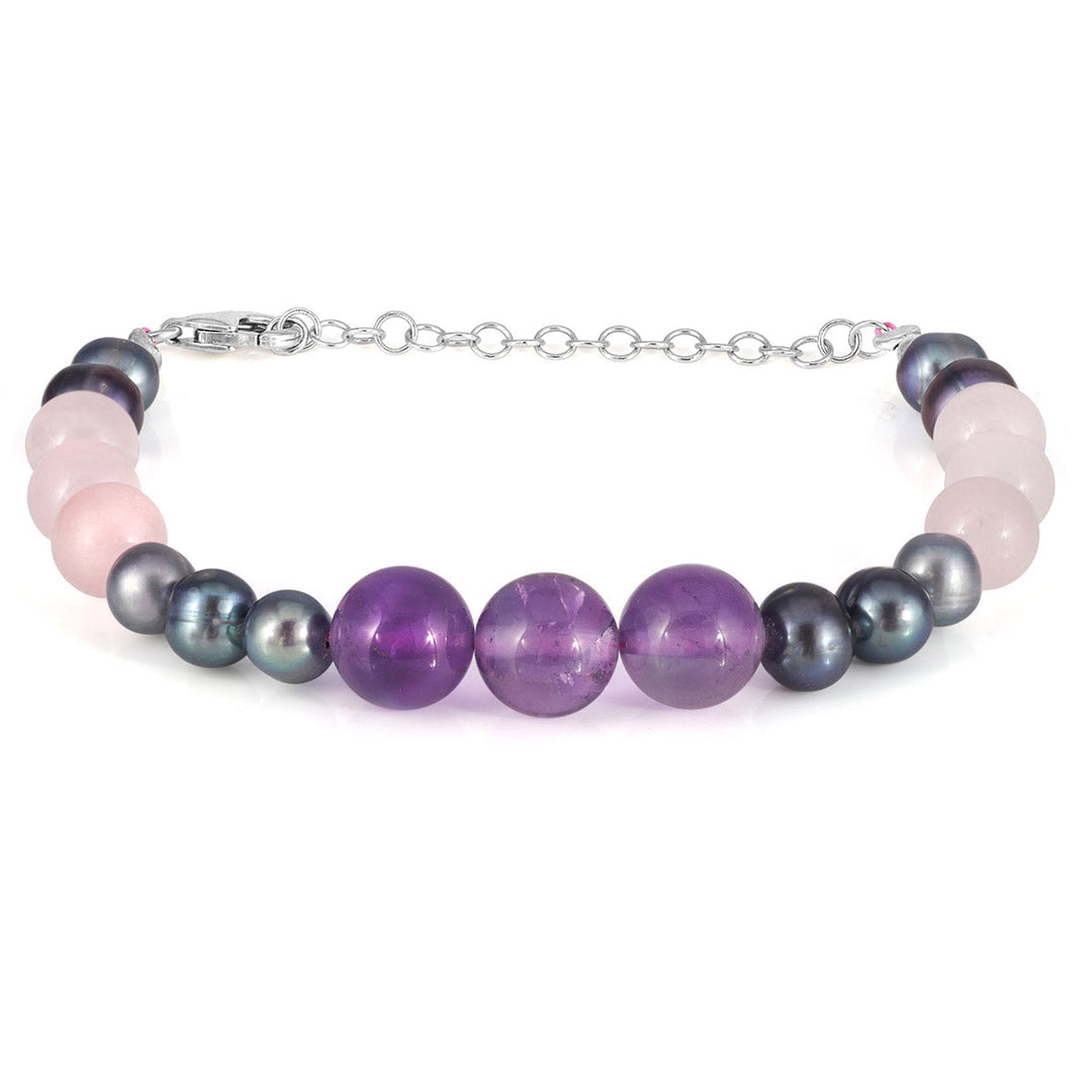 Amethyst, Pearl and Rose Quartz Silver Bracelet