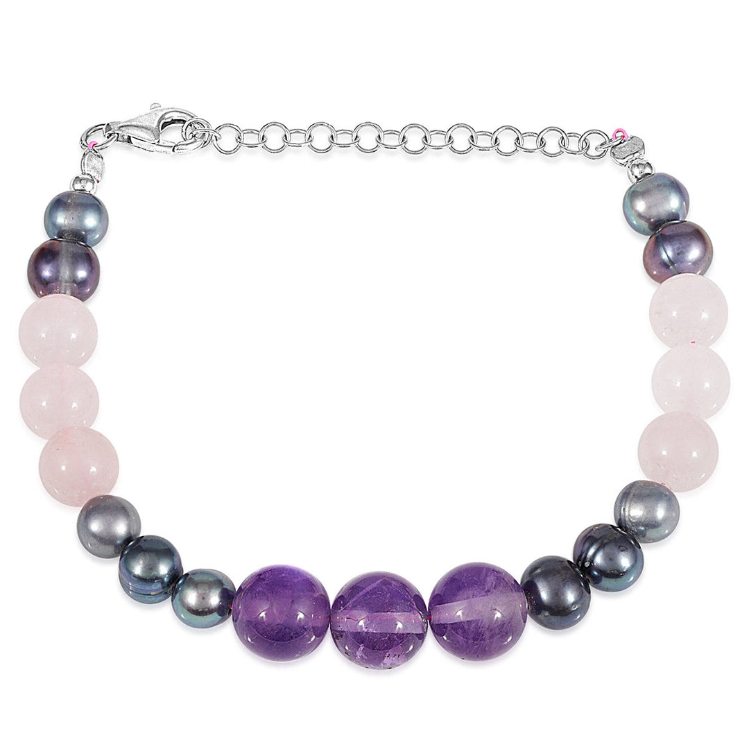 Amethyst, Pearl and Rose Quartz Silver Bracelet