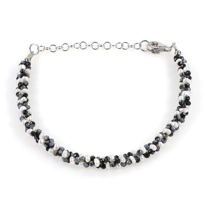 Pearl and Snowflake Obsidian Silver Bracelet