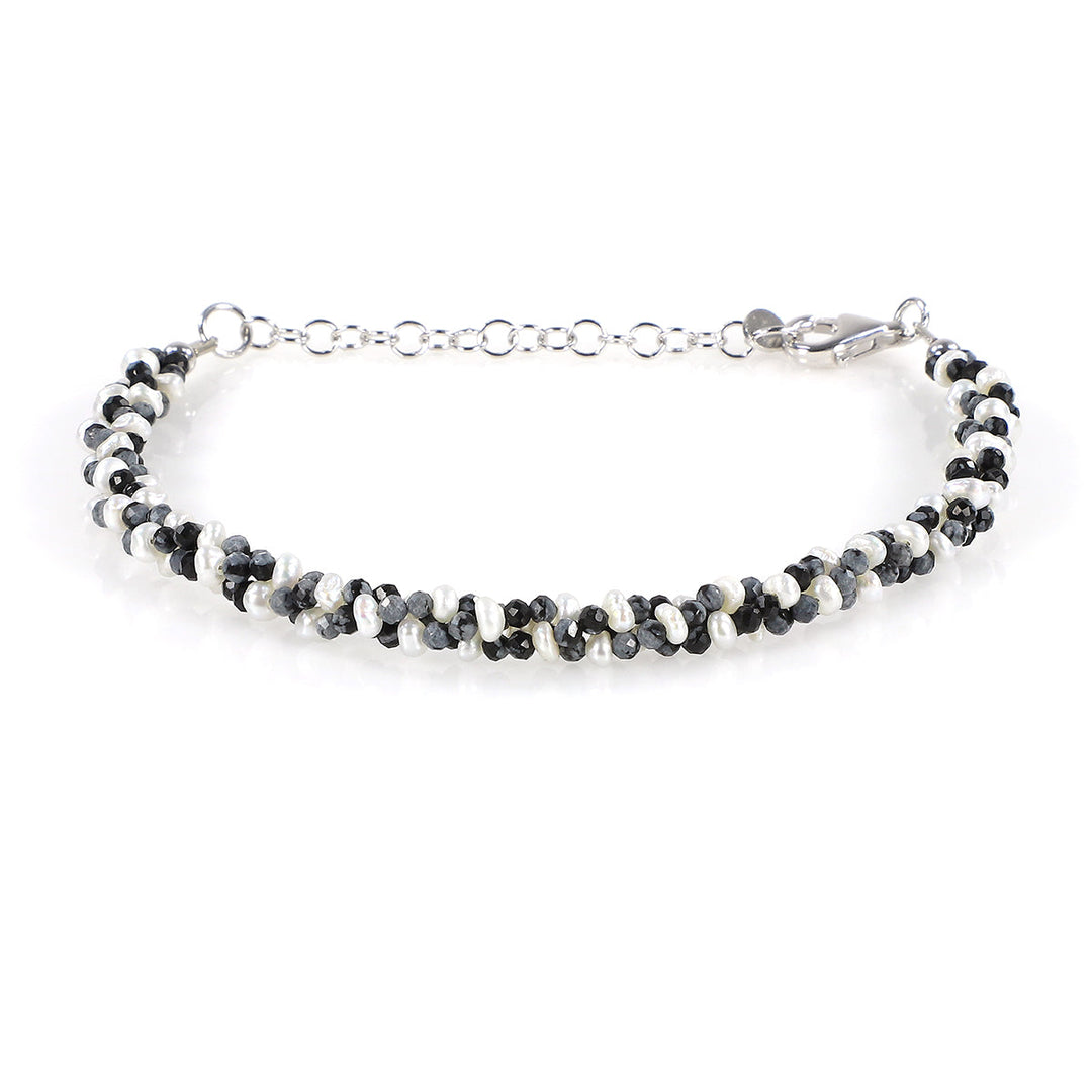 Pearl and Snowflake Obsidian Silver Bracelet