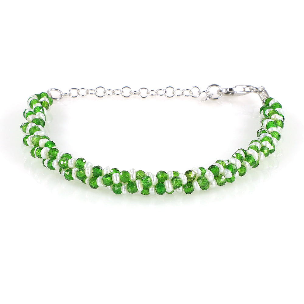 Pearl and Chrome Diopside Silver Bracelet