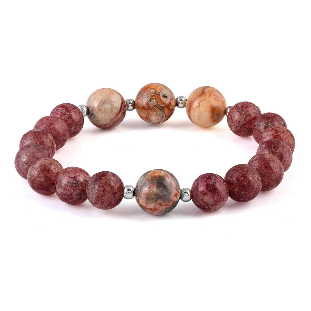 Crazy Lace Agate and Strawberry Quartz Stretch Bracelet