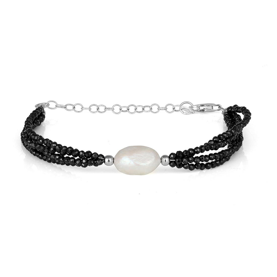 Black Spinel and Pearl Silver Bracelet