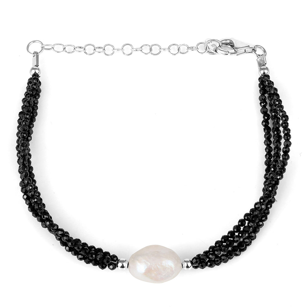 Black Spinel and Pearl Silver Bracelet