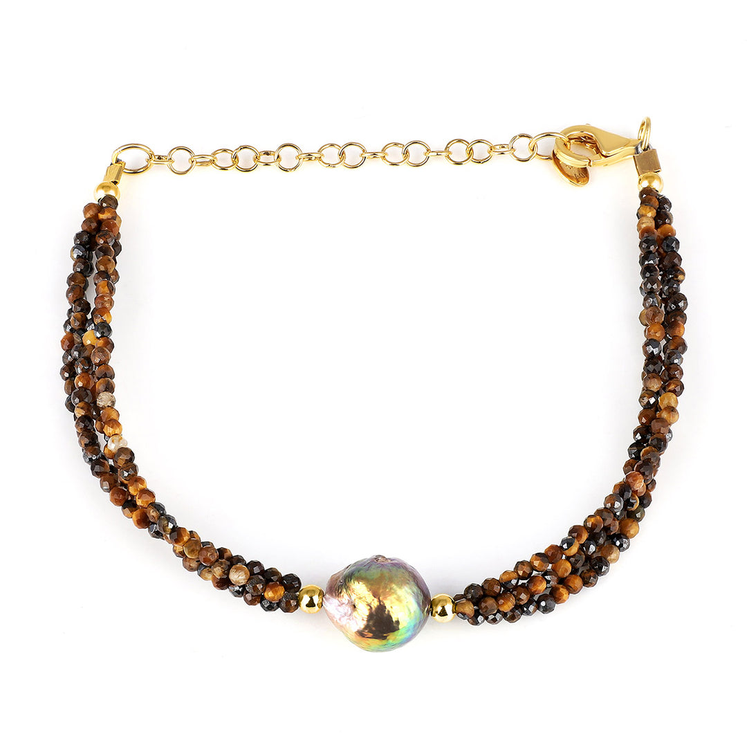 Tiger's Eye and Pearl Silver Bracelet