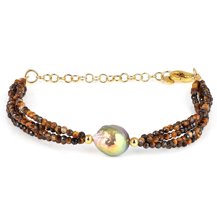 Tiger's Eye and Pearl Silver Bracelet