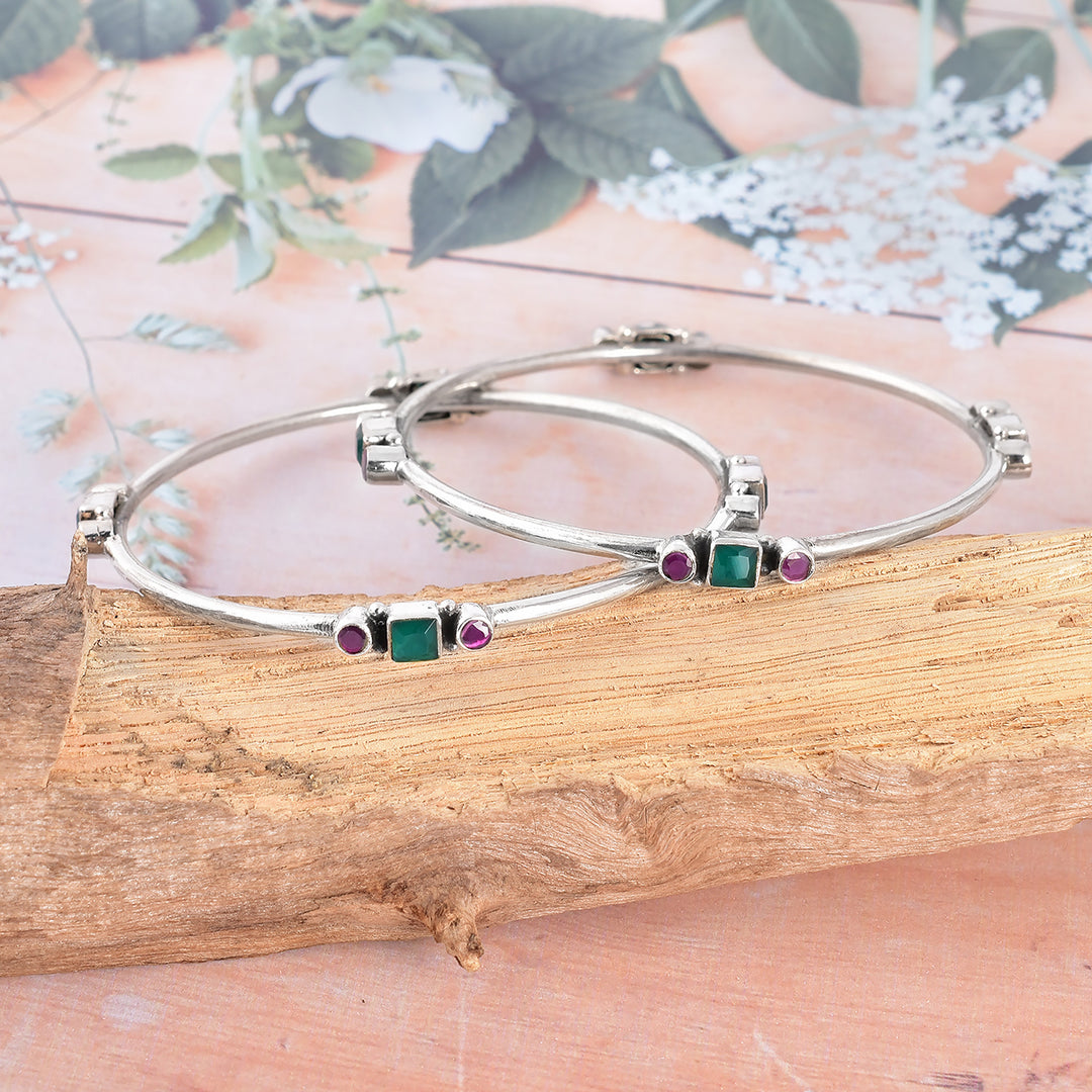 Green Onyx and Garnet Silver Bangles