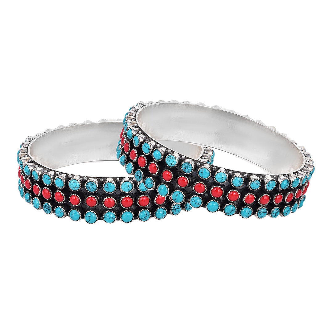 Turquoise and Coral Silver Bangles