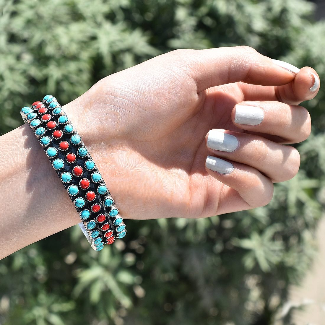 Turquoise and Coral Silver Bangles