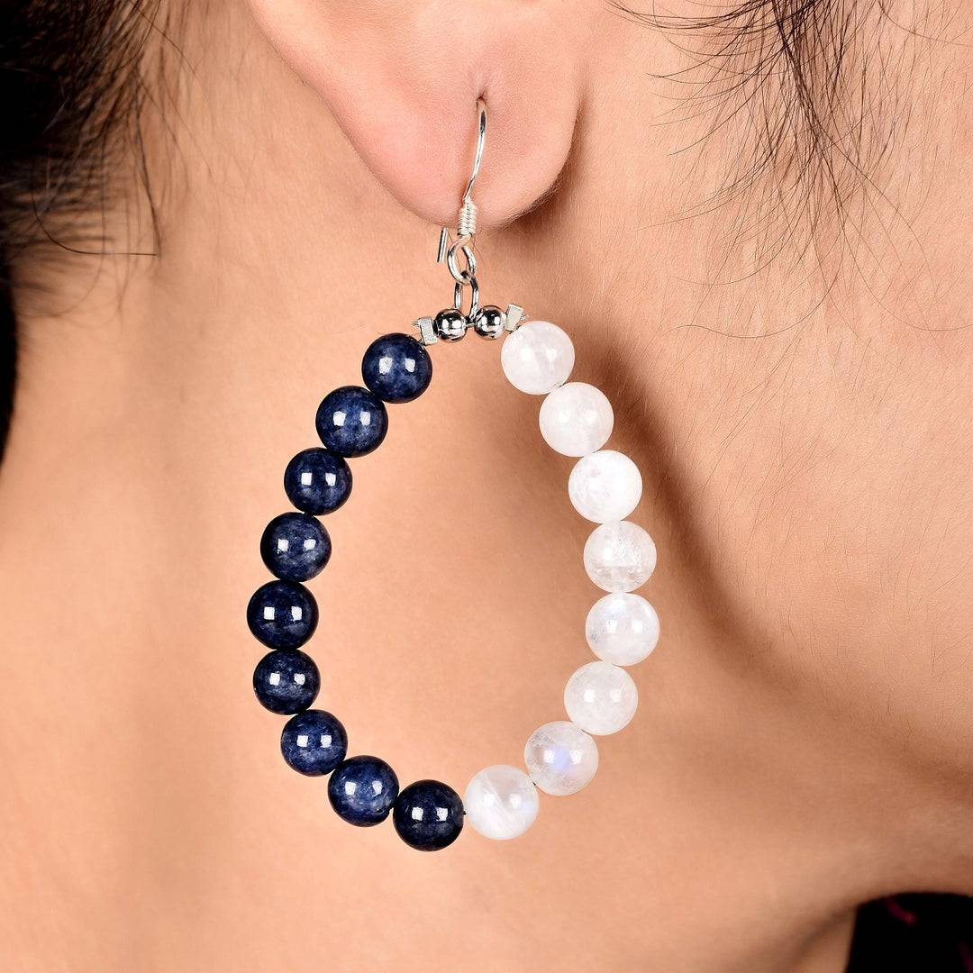 Blue Sapphire and Moonstone Beads Dangle Earrings