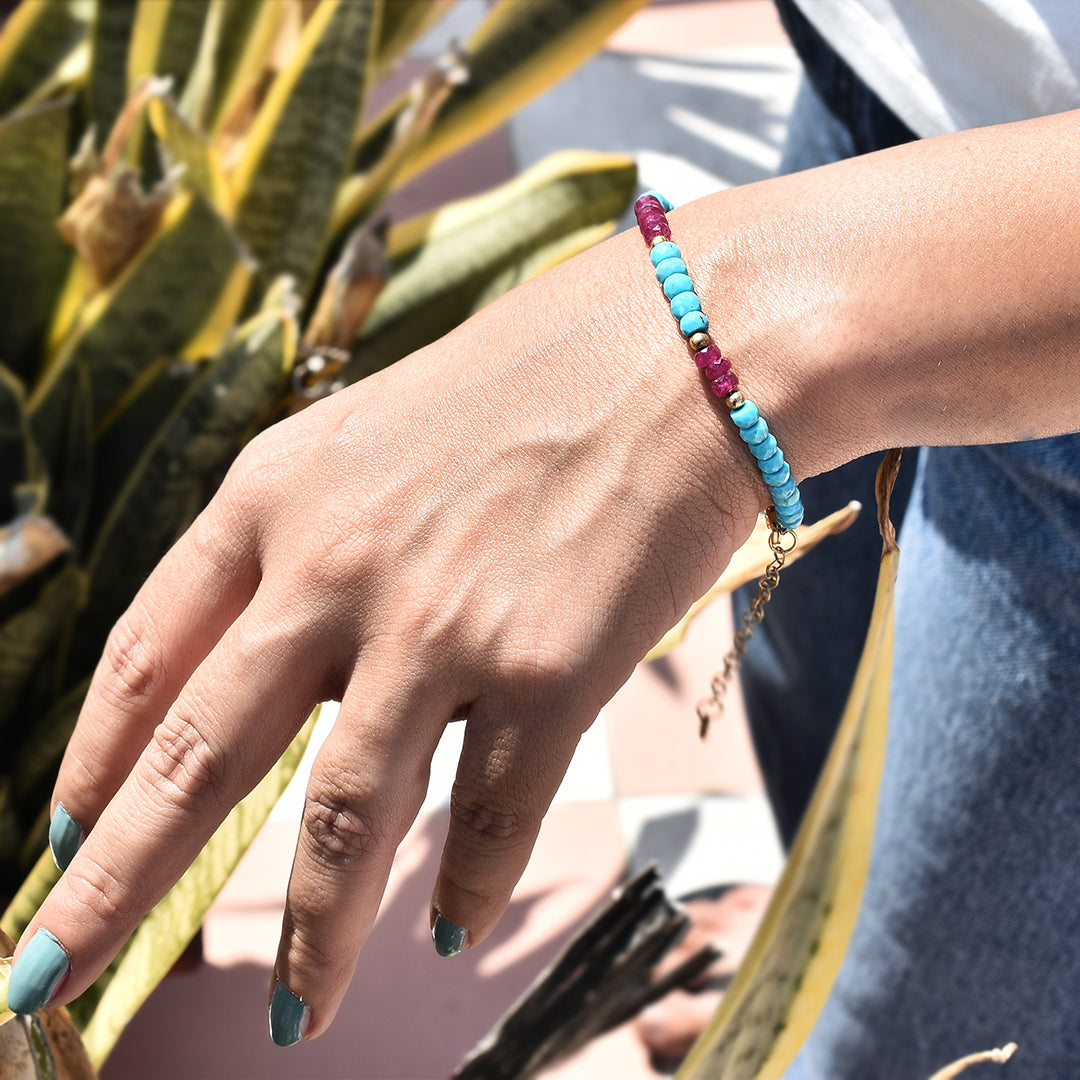 Turquoise and Ruby Silver Bracelet