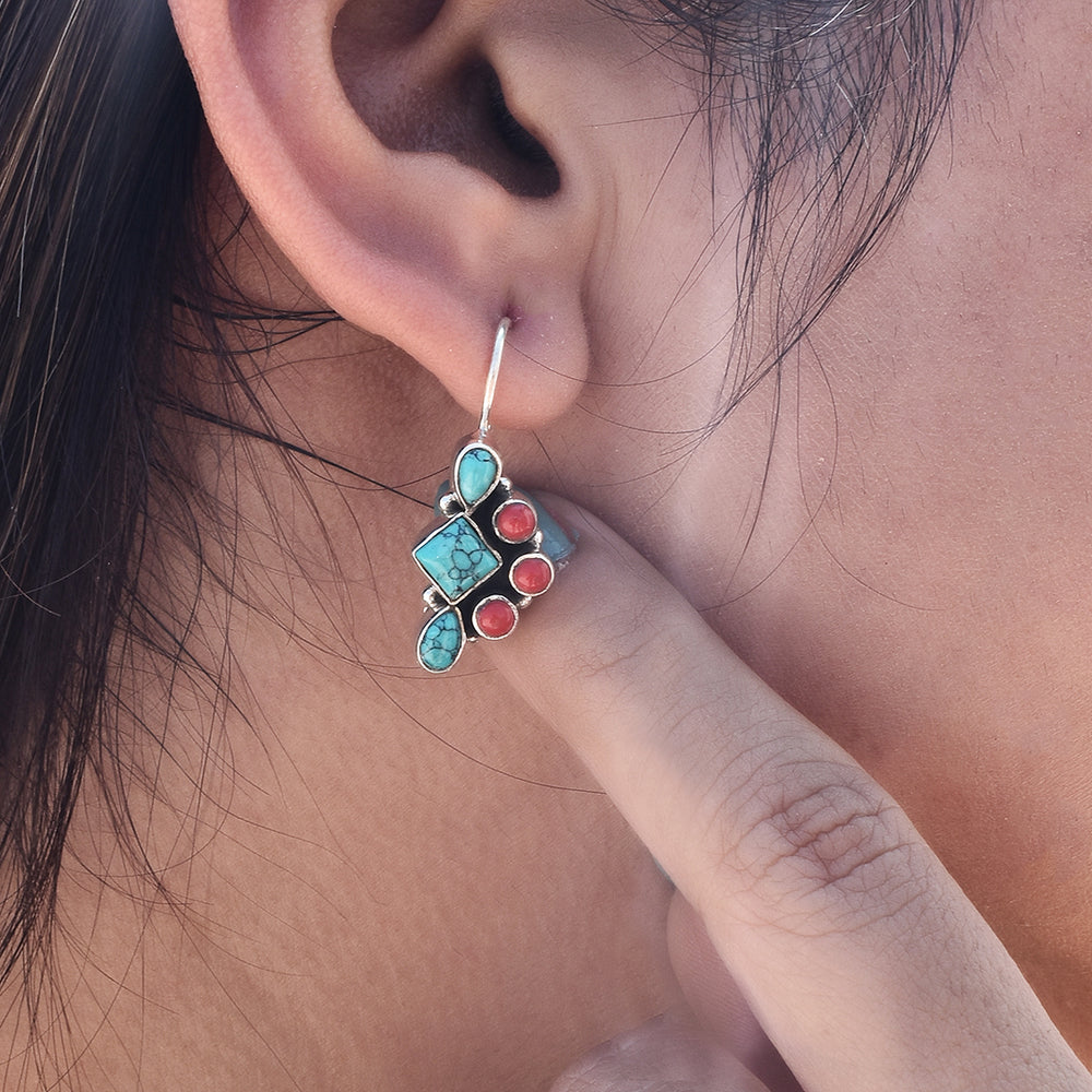 Turquoise and Coral Silver Dangle Earrings