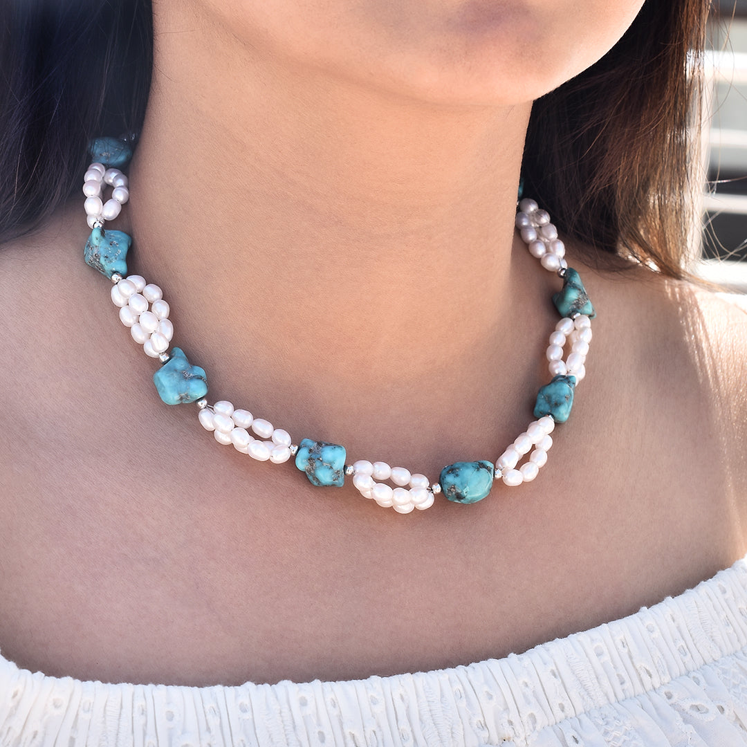 Pearl and Turquoise Silver Necklace
