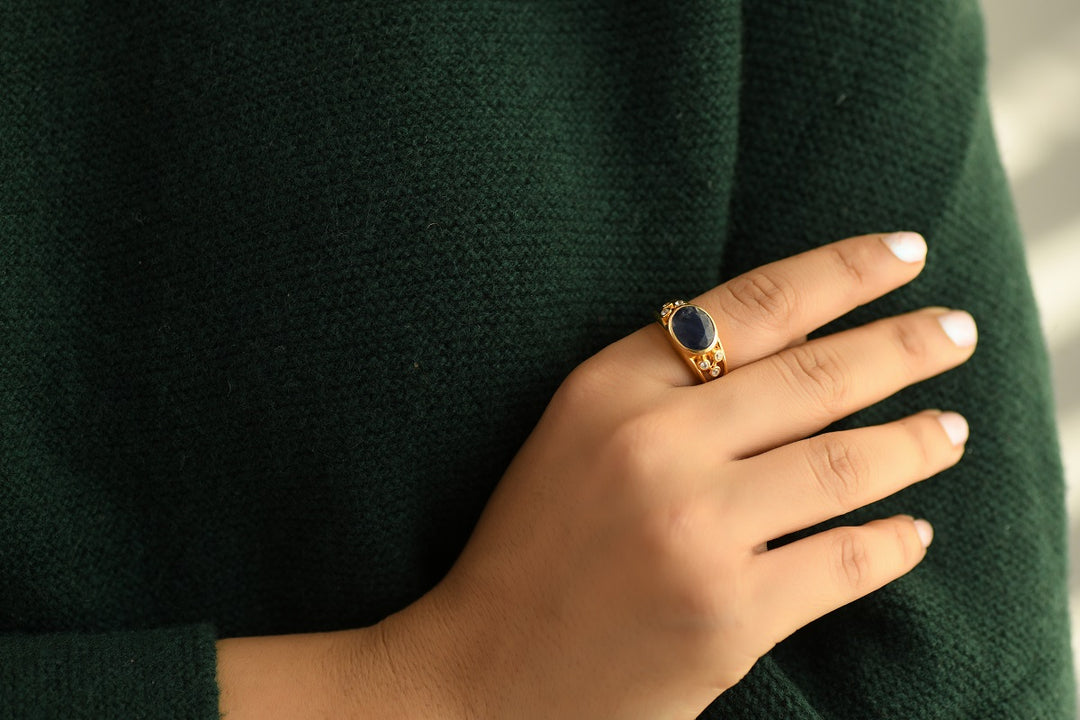 Blue Sapphire and Zircon Silver Ring