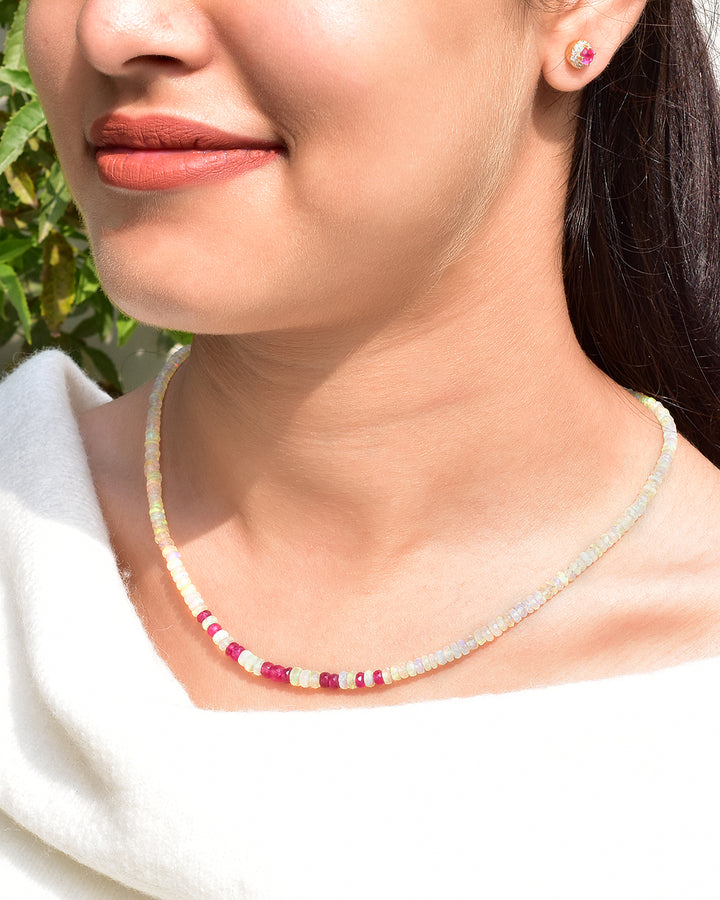 Sterling Silver Ethiopian Opal and Ruby Necklace