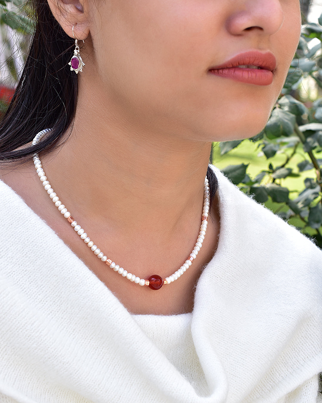 Sterling Silver Pearl and Red Onyx Necklace