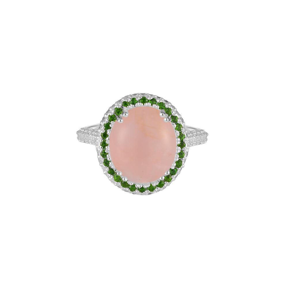 Rose Quartz Double Halo Silver Ring