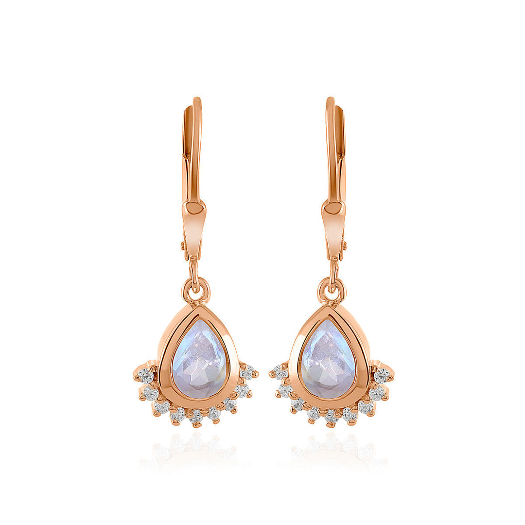 Rainbow Moonstone and Zircon Silver Dangle Earrings