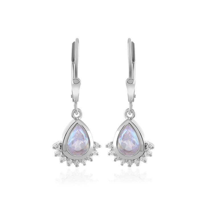 Rainbow Moonstone and Zircon Silver Dangle Earrings