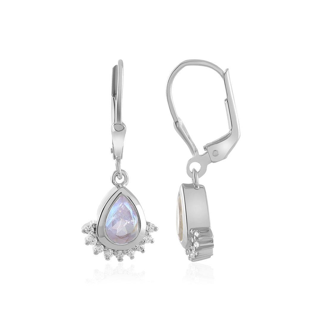 Rainbow Moonstone and Zircon Silver Dangle Earrings