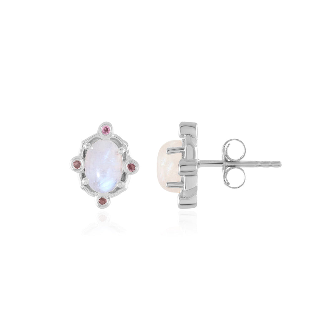 Moonstone and Rhodolite Silver Stud Earrings