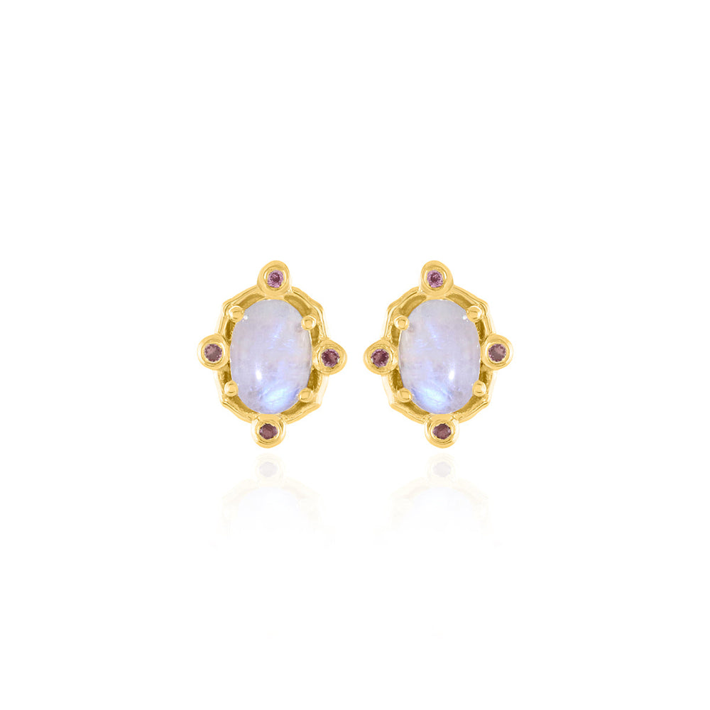 Moonstone and Rhodolite Silver Stud Earrings