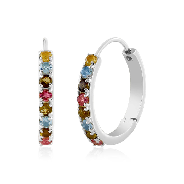 Multi Tourmaline Half Eternity Silver Hoop Earrings